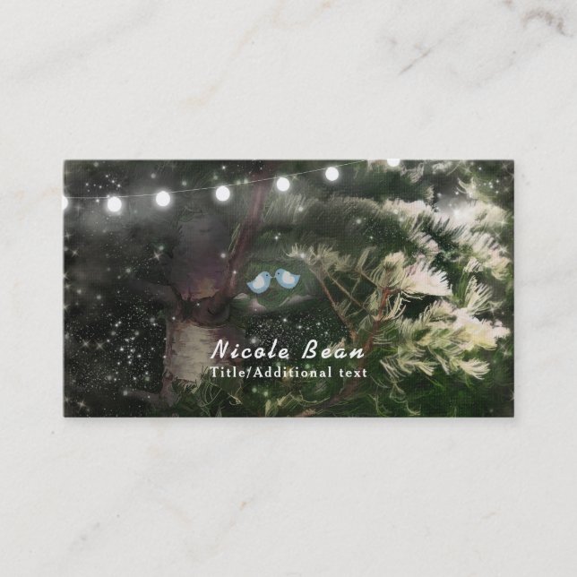 Love Birds + Pine Tree Night Rustic String Lights Business Card (Front)