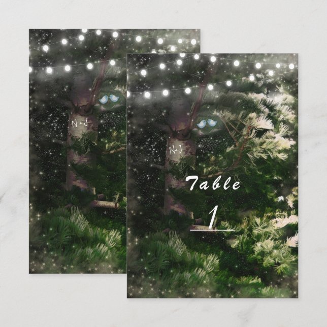 Love Birds + Pine Tree Night Wedding Table Number (Front/Back)