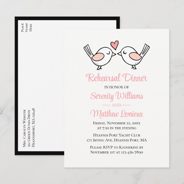 Love Birds Pink Black Lovebirds Rehearsal Dinner  Invitation Postcard (Front/Back)