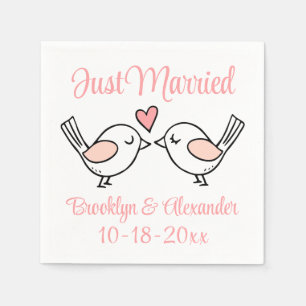 Love Birds Pink Just Married Lovebirds Wedding Napkin