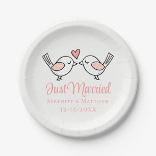 Love Birds Pink Lovebirds Just Married Wedding Paper Plate