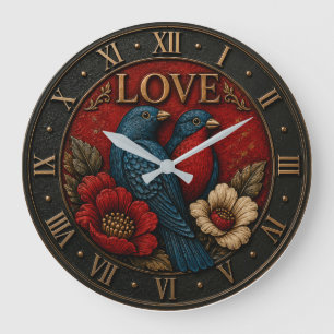 Love Birds Romantic Vintage Floral Large Clock