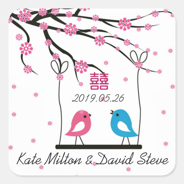 Love Birds Sakura Double Happiness Wedding Square Sticker (Front)