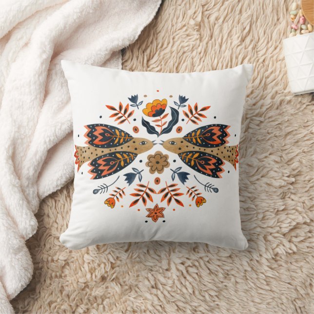 Love Birds Scandinavian Folk Art Throw Pillow (Blanket)