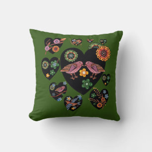 Love Birds Scandinavian Folk Art Throw Pillow
