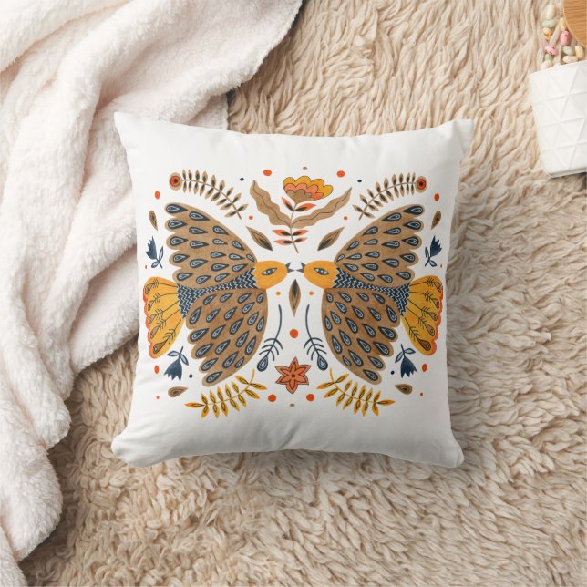 Love Birds Scandinavian Folk Art Throw Pillow (Blanket)