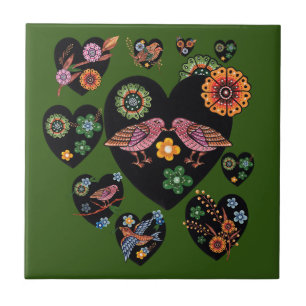Love Birds Scandinavian Folk Art Tile