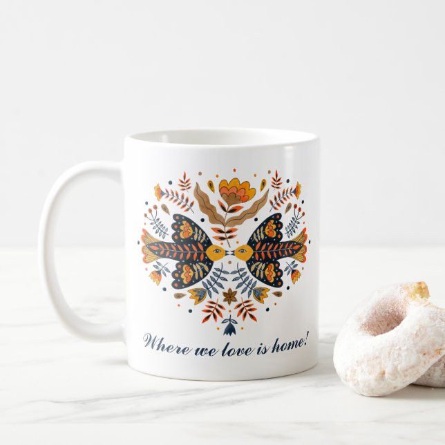 Love Birds Scandinavian Folk Art Valentine's Day Coffee Mug (With Donut)