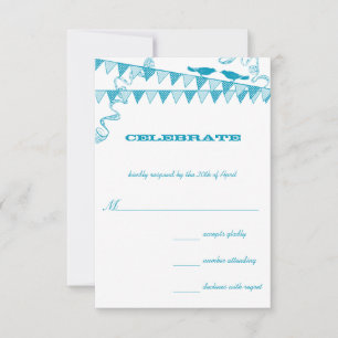 Love Birds Sitting on a Retro Blue Bunting Invitation