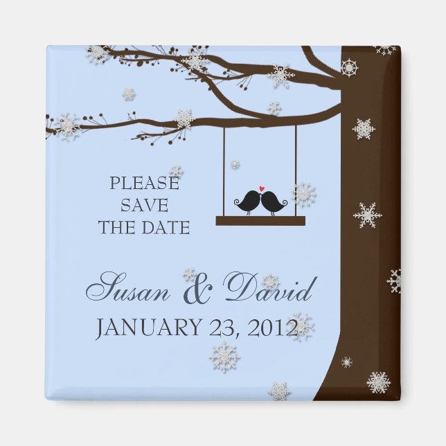 Love Birds Snowflakes Oak Tree Wedding Favour Magnet (Front)