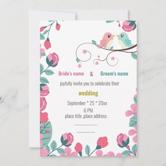 love birds spring flowers wedding invitation card (Front)