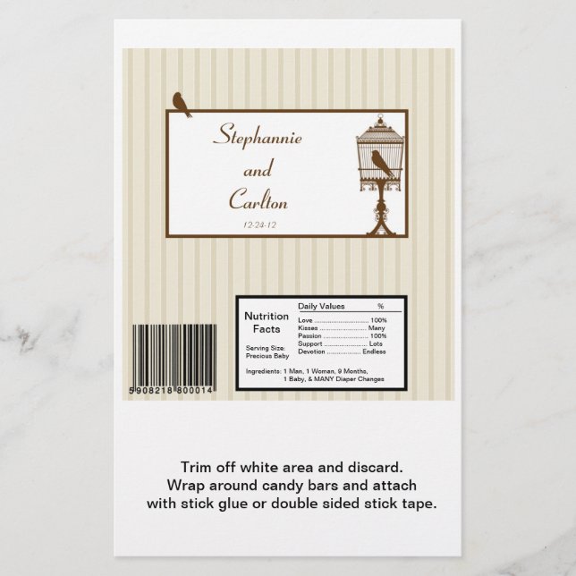 Love Birds Tan/Brown Wedding Candy Wrapper (Front)