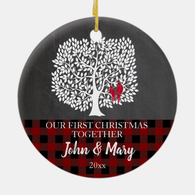 Love birds tree and plaid check couple ceramic ornament (Back)