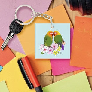 Love Birds Tropical Flowers Keychain