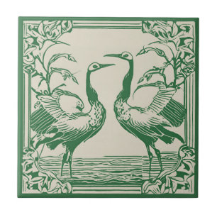 Love Birds two Cranes Green Art Deco Art Nouveau Tile