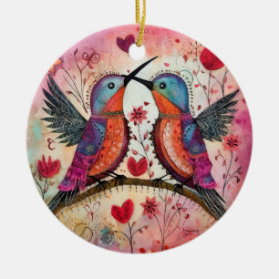 Love Birds Valentine Hearts And Flowers Ceramic Ornament