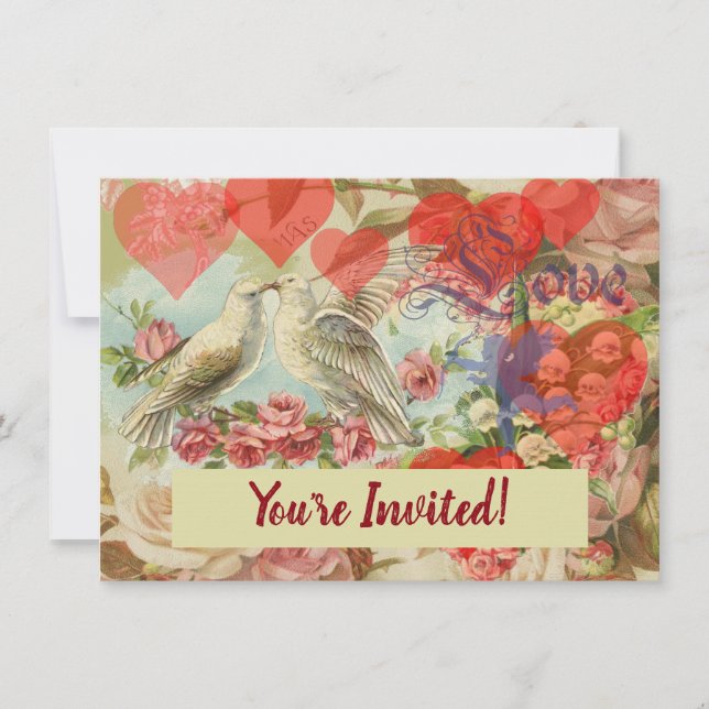 Love Birds Vintage Antique Heart Invitation (Front)