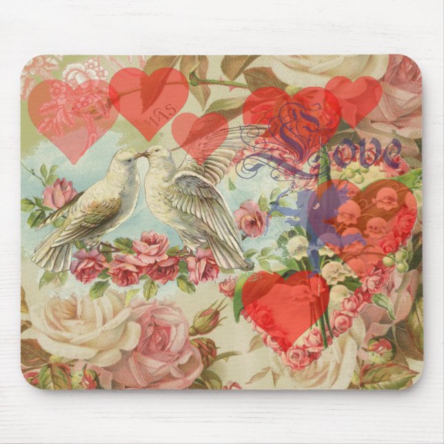 Love Birds Vintage Antique Heart Mouse Pad (Front)