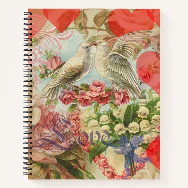 Love Birds Vintage Antique Heart Notebook (Front)