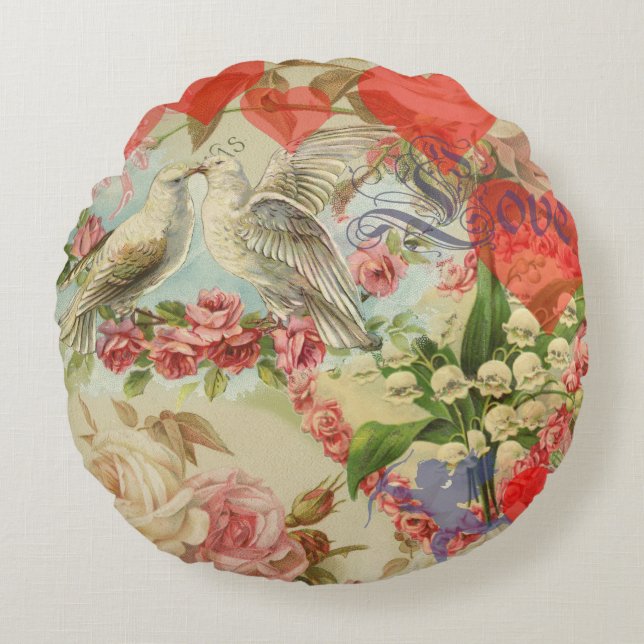 Love Birds Vintage Antique Heart Round Pillow (Front)