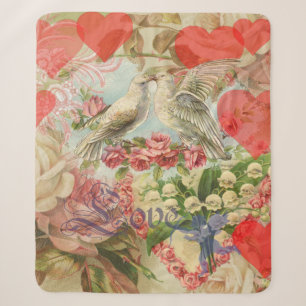 Love Birds Vintage Antique Heart Sherpa Blanket