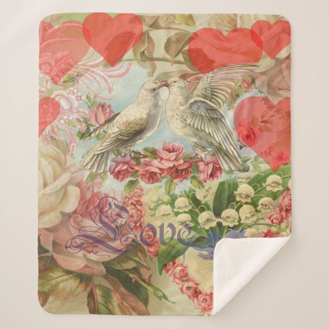 Love Birds Vintage Antique Heart Sherpa Blanket (Front)