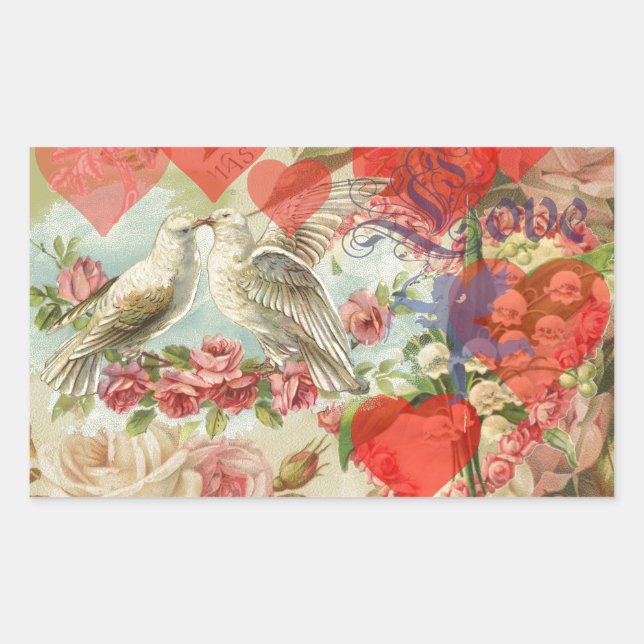 Love Birds Vintage Antique Heart Sticker (Front)