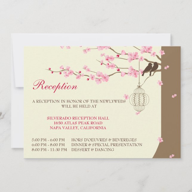 Love Birds Vintage Cage Cherry Blossom Reception Invitation (Front)