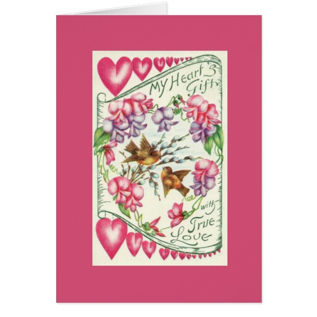 Love Birds Vintage Valentine's Day Pink Note Card (Front)