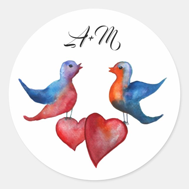 Love Birds, Watercolor Birds, Initials  Sticker (Front)