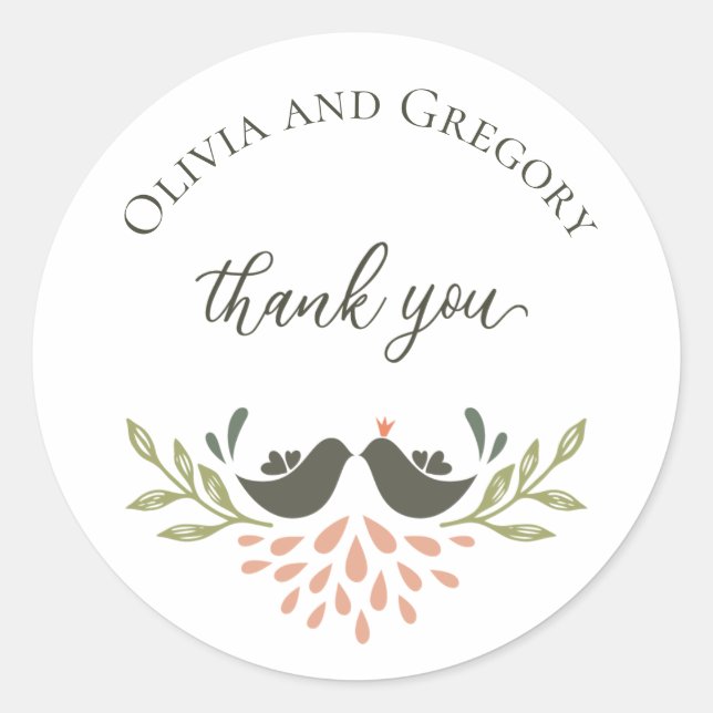 Love Birds Wedding Thank You Classic Round Sticker (Front)