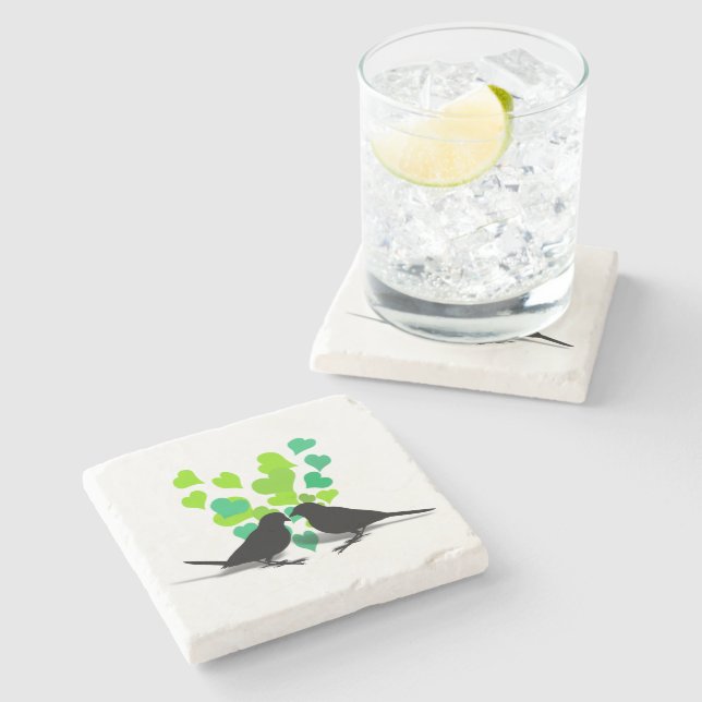 Love Birds with Green Hearts Stone Coaster (Side)