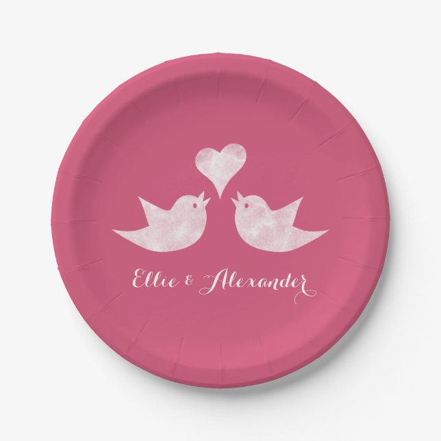 Love Birds with Heart Custom Text Paper Plate (Front)