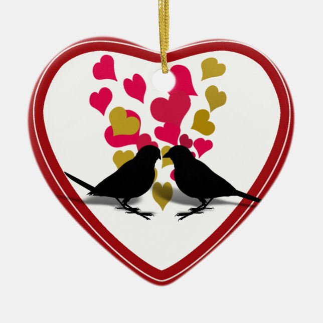 Love Birds With Red & Gold Hearts Ceramic Ornament (Front)