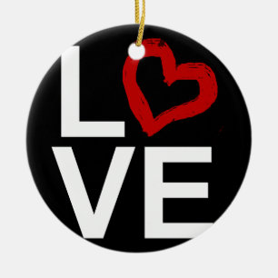 LOVE, Black and White with Red Sketched Heart Ceramic Ornament