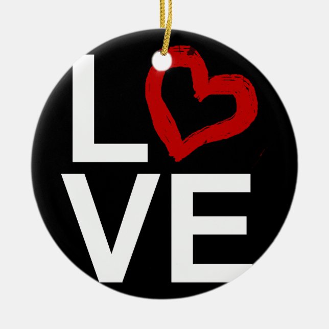 LOVE, Black and White with Red Sketched Heart Ceramic Ornament (Front)