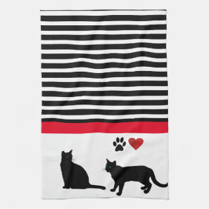 Love Black Cat with Black White Stripes Decor  Kitchen Towel