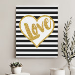 Love Black & White Gold Glitter Stripes Canvas Print<br><div class="desc">Beautiful modern trendy typography brush script quote. "Love". Featuring a pretty gold metallic glitter heart frame and gold letters with black and white stripes.</div>