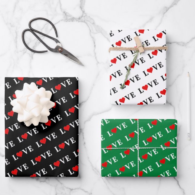 LOVE Black White Green Wrapping Paper Sheet (Front)