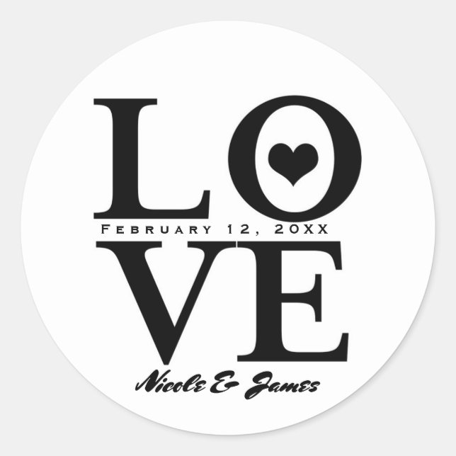 LOVE Black & White Modern Chic Wedding Favour Classic Round Sticker (Front)