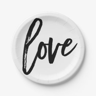 LOVE Black White Modern Typography Wedding Party Paper Plate