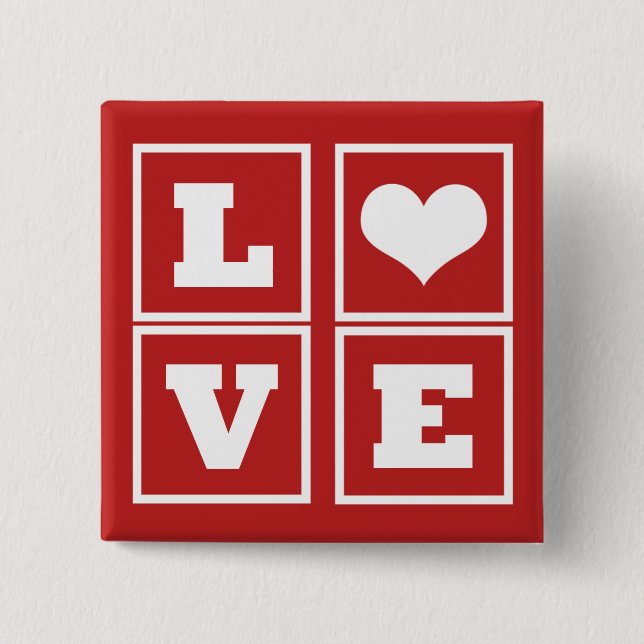 Love Blocks Button, Dark Red 2 Inch Square Button (Front)