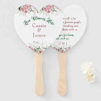 Love Blooms Here Pink Floral Heart Wedding Hand Fan