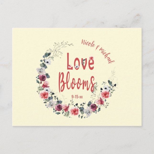Love Blooms Personalized Bride Groom Save the Date Postcard (Front)