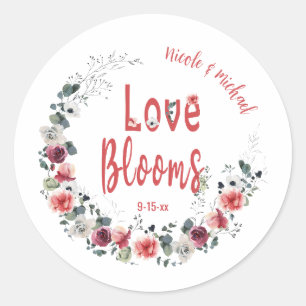 Love Blooms Personalized Bride Groom Wedding Date Classic Round Sticker
