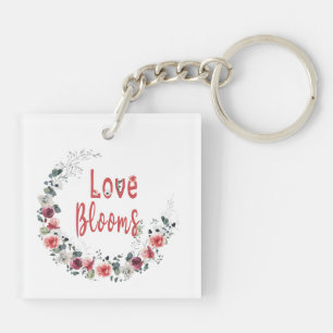 Love Blooms Personalized Bride Groom Wedding Date Keychain