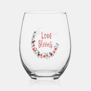 Love Blooms Personalized Bride Groom Wedding Date Stemless Wine Glass