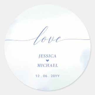 Love | Blue Heart & Watercolor Wedding Favour Classic Round Sticker