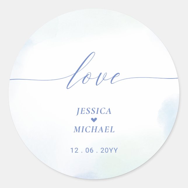 Love | Blue Heart & Watercolor Wedding Favour Classic Round Sticker (Front)