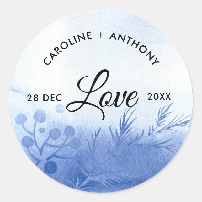 Love. Blue Watercolor Winter Branches Wedding Classic Round Sticker (Front)